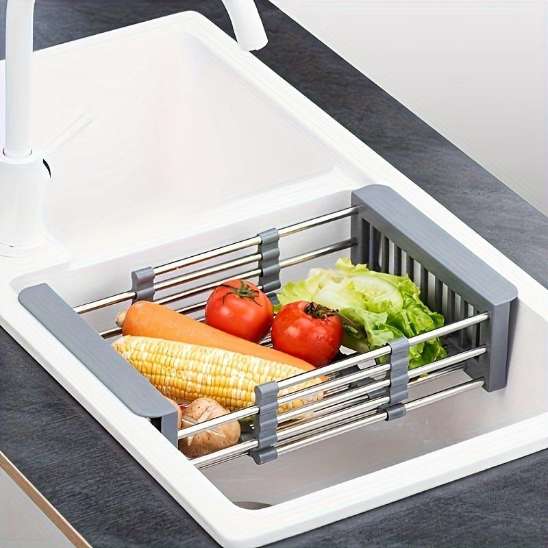 Adjustable 2-In-1 Drain Rack,Stainless Steel Retractable Dish Drying Rack, Kitchen Storage Organizer, Space-Saving, Rust-Resistant, Drainer Sink Dish