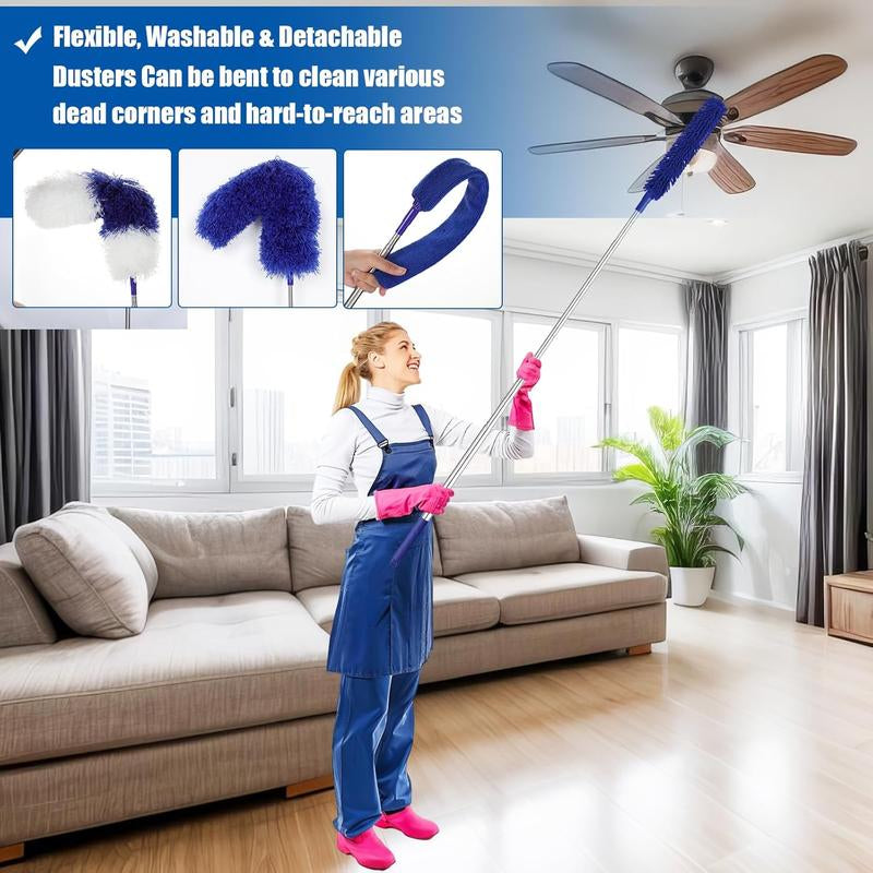 Dusters for Cleaning,9Pcs Duster with Extension Pole up to 100'',Extendable Bendable Washable Long Duster for Cleaning Ceiling Chandelier,High Ceiling,Furniture(Blue)