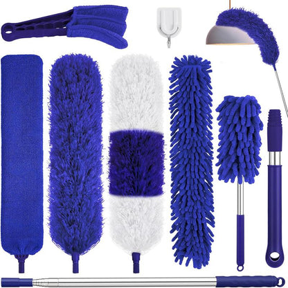 Dusters for Cleaning,9Pcs Duster with Extension Pole up to 100'',Extendable Bendable Washable Long Duster for Cleaning Ceiling Chandelier,High Ceiling,Furniture(Blue)