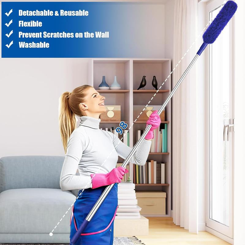 Dusters for Cleaning,9Pcs Duster with Extension Pole up to 100'',Extendable Bendable Washable Long Duster for Cleaning Ceiling Chandelier,High Ceiling,Furniture(Blue)