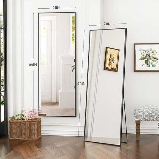 Floor Standing Mirror, Wall Mirror with Stand Aluminum Alloy Thin Frame，Full Length Mirror Wall Mirror 64"X21" Gold Standing Mirror Floor Mirror Aluminum Alloy Frame Full Body Mirror for Living Room Bedroom