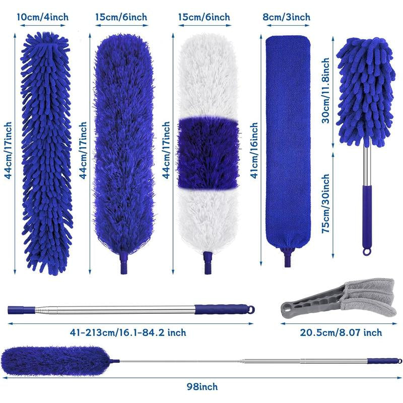 Dusters for Cleaning,9Pcs Duster with Extension Pole up to 100'',Extendable Bendable Washable Long Duster for Cleaning Ceiling Chandelier,High Ceiling,Furniture(Blue)