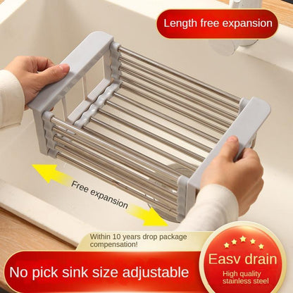 Adjustable 2-In-1 Drain Rack,Stainless Steel Retractable Dish Drying Rack, Kitchen Storage Organizer, Space-Saving, Rust-Resistant, Drainer Sink Dish